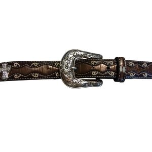 EUC Ariat Brown Leather Belt with Silver Buckle Rhinestones Bejeweled 24